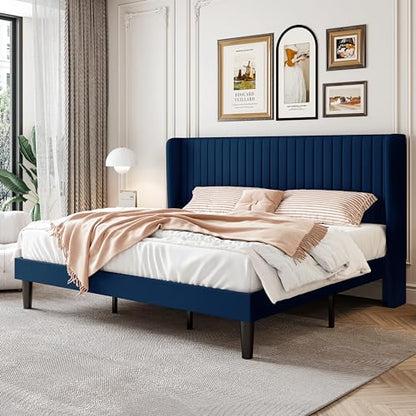 SHA CERLIN King Size Velvet Bed Frame, Tufted Wingback Headboard, Blue | 47'' Modern Vertical Channel Headboard, Upholstered Platform Bed, Wood Slats, No Box Spring Needed, Easy Assembly, Noise Free - color: Blue, size: King