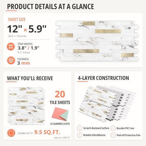StyloVue 20 Sheets Peel and Stick Backsplash for Kitchen, Volakas White Marble Look with Gold Metal, Stick on Tile for Kitchen Backsplash, RV, Fireplace - color: Volakas White Marble
