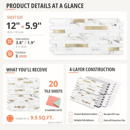 StyloVue 20 Sheets Peel and Stick Backsplash for Kitchen, Volakas White Marble Look with Gold Metal, Stick on Tile for Kitchen Backsplash, RV, Fireplace - color: Volakas White Marble