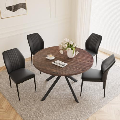 HIPIHOM 45.3'' Walnut Round Dining Table Set for 4, Mid Century Modern Small Coffee Set for Dining Room Kitchen Apartment (Dark Walnut Table + 4 Black Chairs) - color: Walnut Table+4 Black Chairs