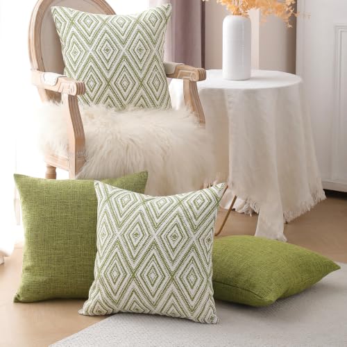 HPUK Throw Pillow Covers 18x18, 4 Pack, Green Textured Couch Pillow Covers | Polyester fabric, patterned and solid designs, hidden zippers, machine washable, for sofas and beds, inserts not included - color: Green, size: 18" x 18" (Pack of 4)