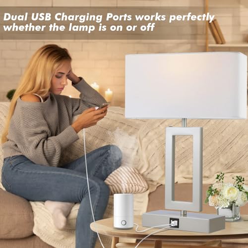 gernehop Silver Table Lamps Set of 2 with Dual USB Ports,3-Way Dimmable Touch Control Bedside Lamps,Modern Bedroom Table Lamp for Living Room,Nightstand LED Bulbs Included - color: 16Inch Silver