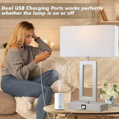 gernehop Silver Table Lamps Set of 2 with Dual USB Ports,3-Way Dimmable Touch Control Bedside Lamps,Modern Bedroom Table Lamp for Living Room,Nightstand LED Bulbs Included - color: 16Inch Silver