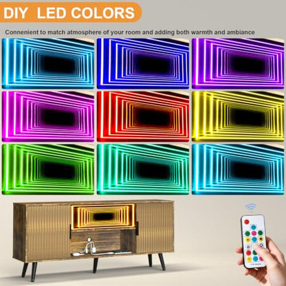 Lightdot 55" Fluted Small Amber TV Stand with Outlet & Fireplace Light | Media Console with Storage, Mid Century Cabinet Fits 55-65" TV, for Living Room/Bedroom/Sofa Cabinet,Easy Assembly - color: Amber-mirror/55"