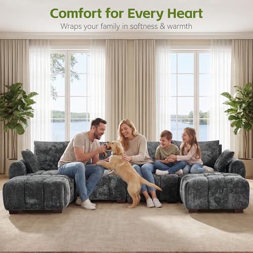 143" Oversized U Shaped Cloud Modular Sectional Sofa, Modern Chenille Upholstered 6 Seater Couch with 2 Removable Ottomans, Tufted Deep Seat & Wood Legs, Large Grey Sectional Couches for Living Room - color: Grey, size: U-Shaped Couch
