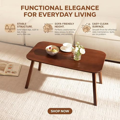 Baveke Folding Coffee Table- Foldable Floor Tables, Mid Century Coffee Table for Living Room, Small Coffee Tables Solid Wood Japanese Low Table for Sitting on Floor, No Assembly, 31.5''-Brown