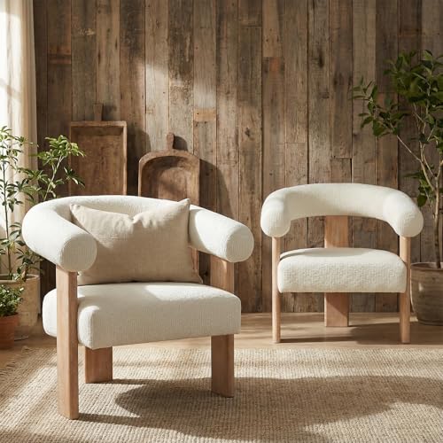 VKNOW Barrel Accent Chairs Set of 2 with Armrests and Rubberwood Legs | Mid Century Modern Upholstered Living Room Chairs with Open Back, Chenille Fabric, arm chair for Living Room, Bedroom, Cream - color: Cream, size: Set of 2