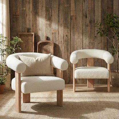 VKNOW Barrel Accent Chairs Set of 2 with Armrests and Rubberwood Legs | Mid Century Modern Upholstered Living Room Chairs with Open Back, Chenille Fabric, arm chair for Living Room, Bedroom, Cream - color: Cream, size: Set of 2