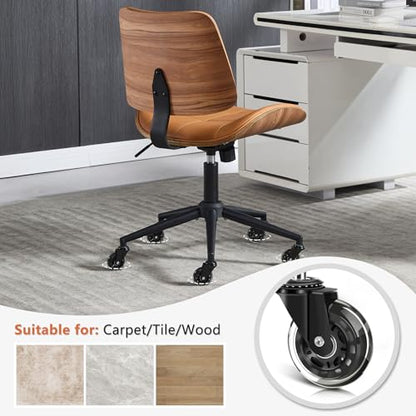 Home Office Desk Chair with Rubber Wheels, Armless Bentwood, Brown | Adjustable Height Armless Office Chair, PU Leather Mid Back 360°Small Computer Chair, No Arms Walnut Seating, 300LBS Support - color: Brown, size: Standard Style