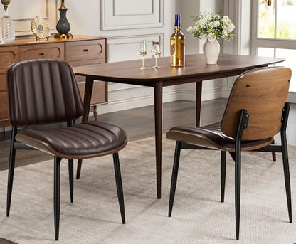 Dining Chairs Set of 2, Mid-Century Modern Upholstered PU Leather Chairs | with Walnut Bentwood Back and Metal Legs Adjustable Feet for Kitchen Dining Living Room, Dark Brown Vertical Stripes - color: Dark Brown Vertical Stripes