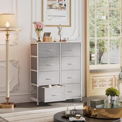 WLIVE Fabric Dresser for Bedroom, Tall Dresser with 8 Drawers, Storage Tower with Fabric Bins, Double Dresser, Chest of Drawers for Closet, Playroom, Dormitory, Light Grey | 8-drawer tall storage tower with fabric bins and wood tabletop, breathable non-wo
