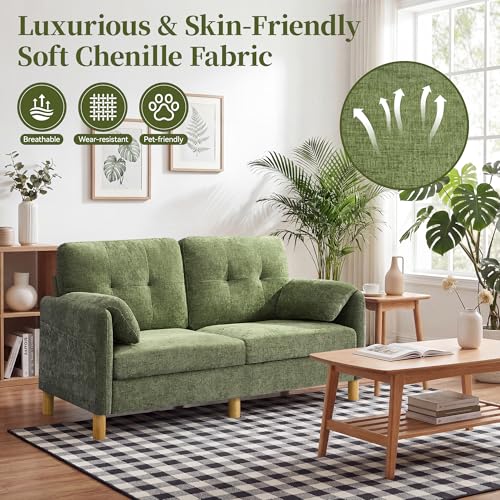Mid Century Modern Couch, 65" Loveseat Sofa, Green | Storage Pockets, Upholstered Small Loveseat for Small Spaces, Bedroom, Home Office, Apartments - color: Green