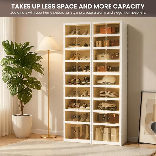 Foldable Shoe Organizer Storage Box, Portable Extra Large Folding Shoe Rack for Closet, Shoe Storage Box with Magnetic Transparent Door and Wheels, 9 Layers 18 Grids with 2 Big Grids - size: White 9 Layers-B