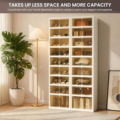 Foldable Shoe Organizer Storage Box, Portable Extra Large Folding Shoe Rack for Closet, Shoe Storage Box with Magnetic Transparent Door and Wheels, 9 Layers 18 Grids with 2 Big Grids - size: White 9 Layers-B