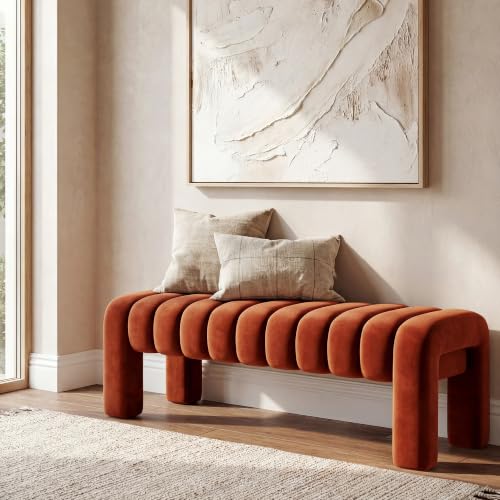 43.3" Bedroom Bench, Upholstered Entryway Bench, Modern End of Bed Ottoman with Solid Wood Legs and Adjustable Foot Pegs for Entryway, Dining Room and Living Room (Rust Velvet) - color: Rust Velvet, size: 43.3"