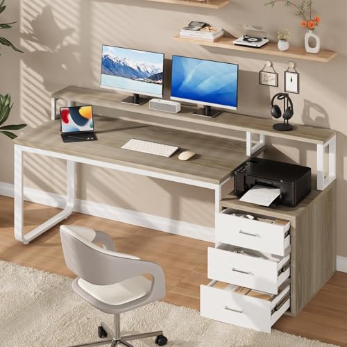 MaverickFurni 67" Home Office Desk with 3 Drawers and LED Lights, Walnut | Reversible Computer Desk with Monitor Stand and Printer Shelf, Office Desk with Spacious Work Space, White and Walnut - color: White and Walnut