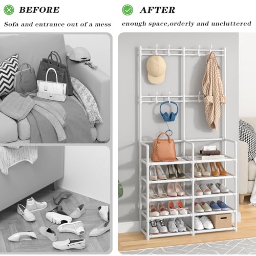 Laiensia 5-Tier Entryway Coat Rack, Coat and Shoe Rack, Entryway Bench Storage Organizer with 8 Hooks for Bedroom, Hallway, Office, White - color: White
