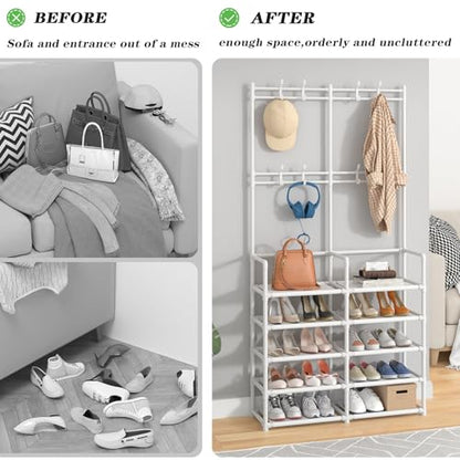 Laiensia 5-Tier Entryway Coat Rack, Coat and Shoe Rack, Entryway Bench Storage Organizer with 8 Hooks for Bedroom, Hallway, Office, White - color: White