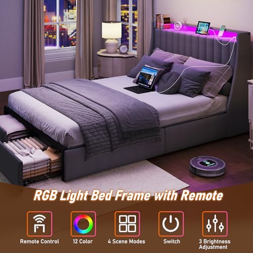 SADENICEL Queen Bed Frame with 2 Storage Drawer, Queen Size Bed Frame, Grey | Headboard with Charging Station and LED Lights, Metal Platform Bed with Storage Shelf, Noise Free, No Box Spring Needed - size: Queen, style: Channel Tufted & 2 Storage Drawers