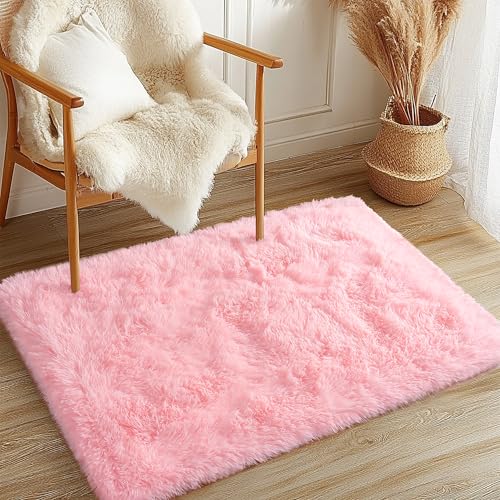 2x3 Fluffy Pink Area Rug, Pink Soft Cute Shag Fuzzy Rugs for Bedroom | Anti-Skid Living Room Rug Home Decor, Modern Shaggy Carpets Fuzzy Indoor Floor Carpet for Kids Girls and Boys - color: Pink, size: 2' x 3' (Rectangular)
