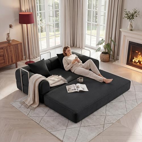 59" Boneless Couch,4-in-1 Futon Sofa Bed Modular Loveseat Sleeper Folding Compressed Couch with Pillows,No Assembly Required Convertible Sofa Bed for Living Room Bedroom Guest Room,Black - color: Black, size: 59.06" Loveseat Sofa