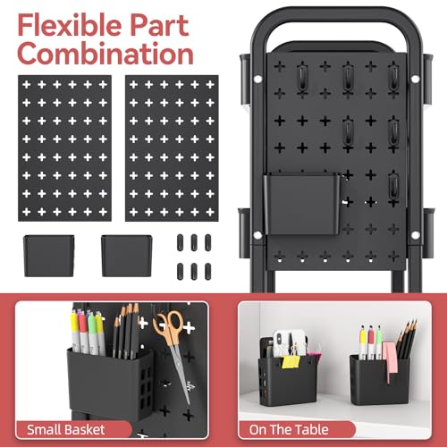 TOOLF Metal Rolling Storage Cart, 3-Tier Utility Mobile Cart with DIY Pegboards, Serving Trolley Cart with Baskets Hooks, for Kitchen, Bathroom, Office, Home, Classroom (Black) - color: Black