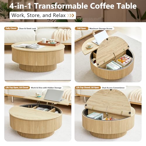 33" Round Coffee Table with Lift-Top & Flip-Top Storage, Modern Accent Fluted Coffee Tables with Metal Frame, Wooden Circle Center Table for Living Room Small Space Apartment Office (Natural) - color: Natural 33" Round Lift-top & Flip-top