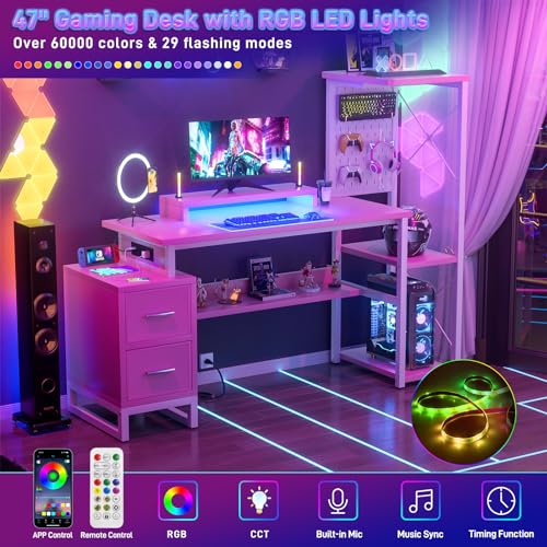 Computer Desk with 2 Fabric Drawers - Reversible Home Office Desk with Power Outlet & LED Lights, 53" Writing Desk with Monitor Stand & Storage Shelves, Gaming Desk Study Table with Pegboard, Pink - color: Pink