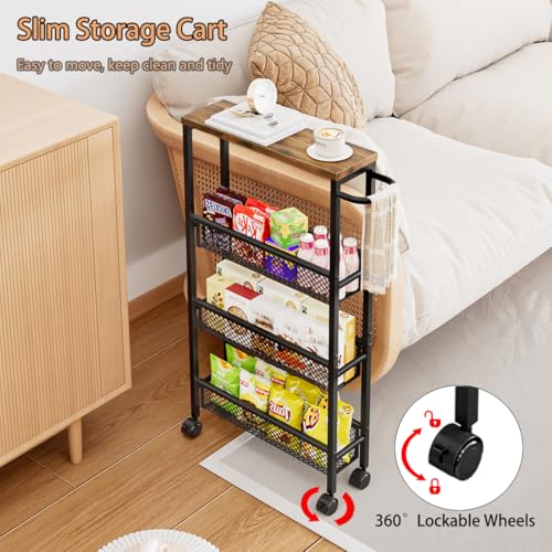 Slim Rolling Cart 4 Tier Narrow Storage Cart on Wheels with Handle | Lockable Wheels, Wood Top Panel, Metal Frame Utility Carts for Kitchen, Dining, Living, Home Office, Laundry Room - size: 16.54 x 5.12 x 30.31 inch