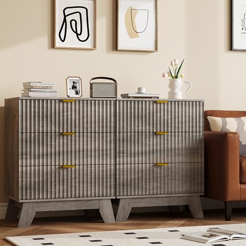 Fluted Nightstand with 3 Large Drawers, Wooden Side End Table with Elevated Legs for Easy Cleaning, Sturdy Modern Beside Table for Small Space, Bedroom, Grey, 24" L - color: Grey