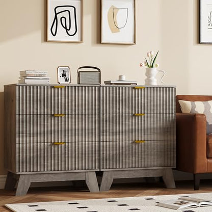 Fluted Nightstand with 3 Large Drawers, Wooden Side End Table with Elevated Legs for Easy Cleaning, Sturdy Modern Beside Table for Small Space, Bedroom, Grey, 24" L - color: Grey