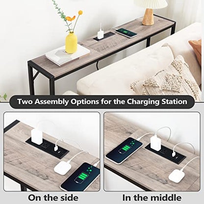 MAHANCRIS 43.7" Console Table with Outlet, Narrow Sofa Table with Shelf | 2 Tier Behind Couch Table, Charging Station, Steel Frame, for Entryway, Living Room, Foyer, Hallway, Greige CTHG11E01N1 - color: Greige, Black