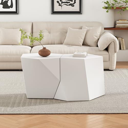 Irregular Nesting Coffee Table Set of 2, Modern Hexagon Side Table, MGO End Table Accent Tables for Living Room Apartment Balcony Office, White - color: 30.25" White