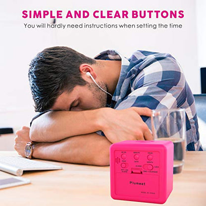 Plumeet Digital Kids Alarm Clock with Snooze and Nightlight - Easy Setting Silicone Clock Display Time, Date - Loud for Bedroom - Battery Powered (Pink) - color: Hot Pink