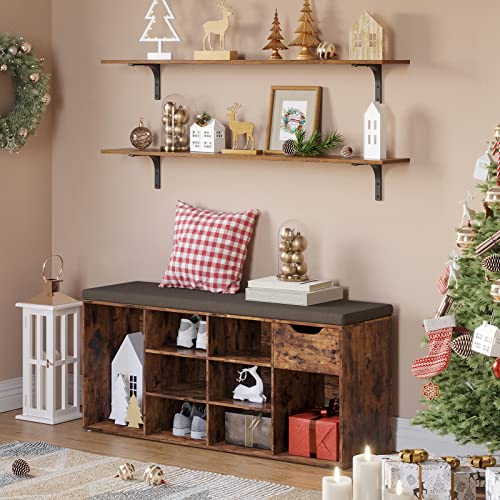 Long Wall Shelves, 47.3Inch Wooden Wall Mounted Shelves, Set of 2 | Large Floating Book Shelf, Metal Brackets, Easy Assembly, Max Load 33lbs, Wall Storage Ledges, Bedroom/Bathroom, Rustic Brown - color: Rustic Brown, size: 47.3 Inch
