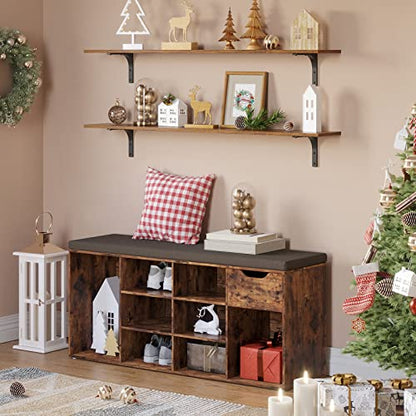 Long Wall Shelves, 47.3Inch Wooden Wall Mounted Shelves, Set of 2 | Large Floating Book Shelf, Metal Brackets, Easy Assembly, Max Load 33lbs, Wall Storage Ledges, Bedroom/Bathroom, Rustic Brown - color: Rustic Brown, size: 47.3 Inch