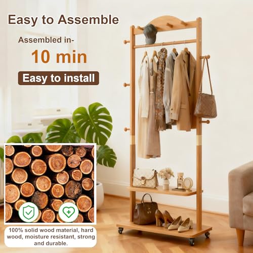 Natural Solid Wood Coat Rack Freestanding with Wheels - Heavy Duty Clothes Rack with 2 Storage Shelves & 9 Hooks, Wooden Coat Rack Stand Hat Hanger Rack for Bedroom Entryway Living Room Hotel - color: Wood