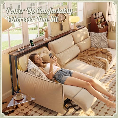 Huuger 86.6 Inch Sofa Table with Power Outlets, 23.9’’-34.4’’ Height Adjustable Range, Behind Couch Table with USB-C Ports, Sofa Tables Narrow Long, Skinny Console Table, Small Spaces, Rustic Brown - color: Rustic Brown, size: 86.6''W x 23.9''-34.4''H