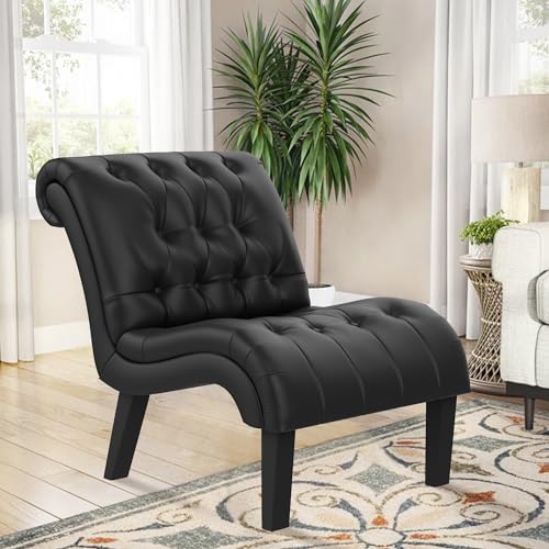 Black Faux Leather Accent Chair Modern Button Tufted Upholstered Armless Chair for Bedroom Living Room with Wood Legs - color: Black Pu, size: 1 Chair