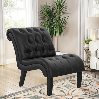 Black Faux Leather Accent Chair Modern Button Tufted Upholstered Armless Chair for Bedroom Living Room with Wood Legs - color: Black Pu, size: 1 Chair