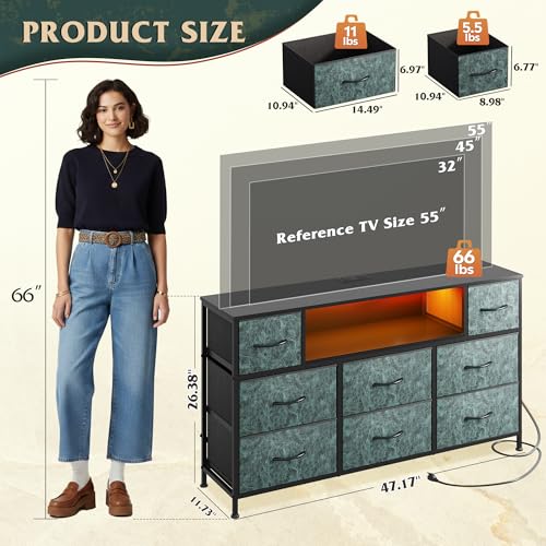 WLIVE Dresser TV Stand for 55 Inch TV, 8 Drawer LED Dresser, Vintage Green | Fits TVs up to 55 inch, 8 fabric drawers, Built-in power outlet, Chest of drawers, Living room or bedroom - color: Turquoise
