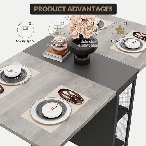 Drop Leaf Table for Small Spaces, Space Saving Folding Dining Table with 6 Wheels, Folding Kitchen Table with 2 Tier Storage Shelves, Foldable Extendable Desk for Apartment, Dining Room