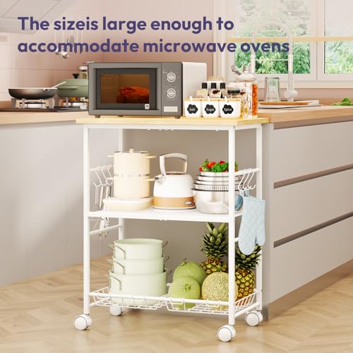 SWTYMIKI Rolling Kitchen Microwave Cart - 3 Tier Microwave Table Stand with Storage Basket and Hooks, Kitchen Utility Cart on Wheels, Coffee Cart Shelf Rack Organizer for Living Room Office, Balcony - color: White