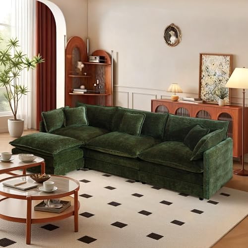103.8" Chenille L Shaped Modular Sofa with Ottoman,Green | Randomly Assemble Modular Sofa Sets, Modern Recliner Deep Seat Sofa Set for Living Room,Office - color: Green, size: 3S+1O