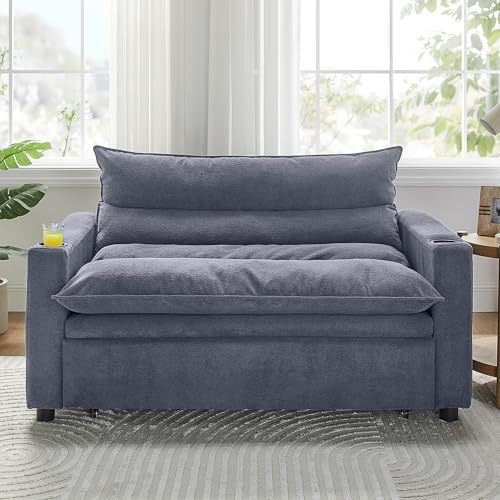 SLEERWAY 3 in 1 Convertible Sleeper Sofa Bed, 56.3" W Easy Pull Out Couch Bed with Dual Cup Holders, Comfy Thick Padding Futon Loveseat with Adjustable Backrest for Living Room Small Space (Grey) - color: Grey, size: 56.3"