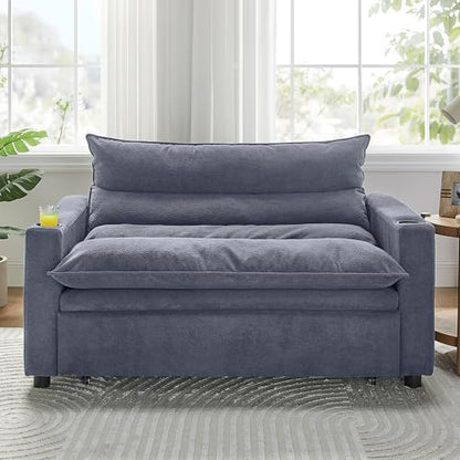 SLEERWAY 3 in 1 Convertible Sleeper Sofa Bed, 56.3" W Easy Pull Out Couch Bed with Dual Cup Holders, Comfy Thick Padding Futon Loveseat with Adjustable Backrest for Living Room Small Space (Grey) - color: Grey, size: 56.3"