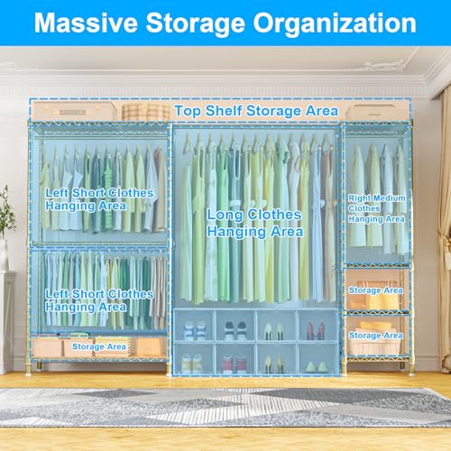 E10 Clothes Rack（With Stretchable Hanger Rod）Freestanding Clothing Racks for Hanging Clothes，Adjustable Closet Organizer System，Portable Garment Rack 73-97"W x 15" D x 72" H，Max Load 800LBS，Gold - color: Gold