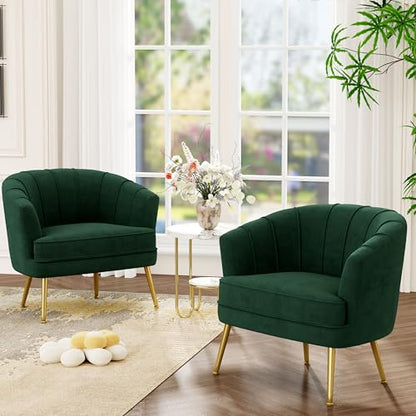 Velvet Accent Chair Set of 2, Barrel Armchair, Green | Velvet Upholstery, Golden Metal Legs, Comfy Barrel Back, Modern Style, Living Room Bedroom Office - color: Green, size: 2 Chairs