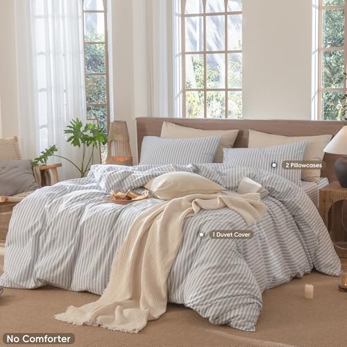 MooMee Striped Duvet Cover Set 100% Washed Cotton Linen Like Full | Relaxed Linen-like Texture. Soft, Breathable & Long-lasting Comfort. Lightweight. Hidden Zipper with 8 Interior Corner Ties - color: Classic Stripes - Cornflower Blue/ White (No Comforter