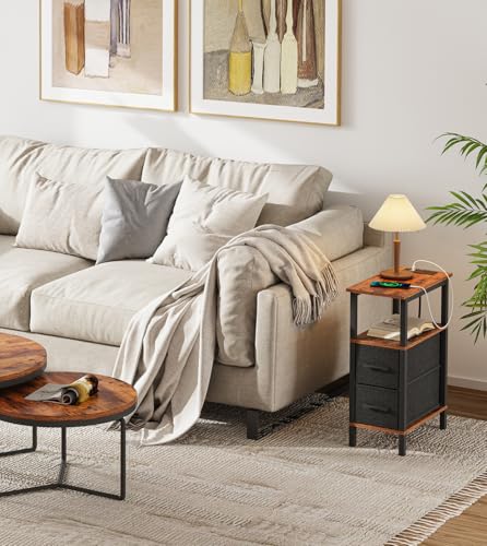 2 Set Narrow Side Table for Small Spaces, Skinny End Table with Charging Station, Sofa Beside Table with 2 Drawers 1 Open Compartment, Slim Nightstand with USB Ports Outlet, Rustic and Brown UTBT004F2 - color: Rustic Brown